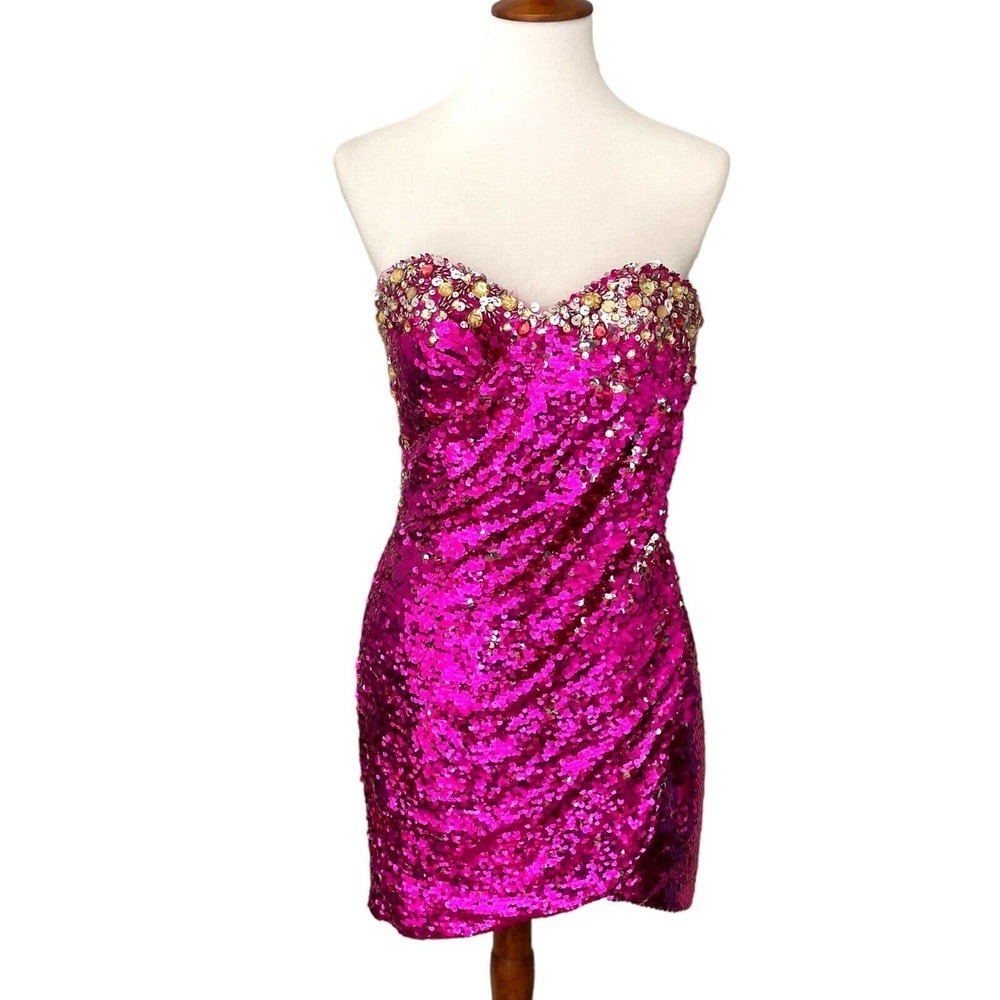 Mac Duggal Pink Strapless Beaded Sequin Cocktail Mini Dress Size 6
